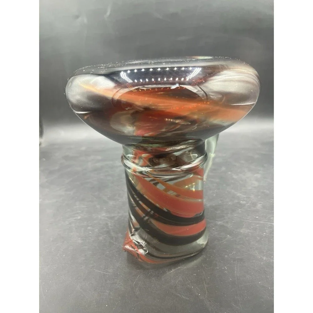 Hand Blown Art Glass Pitcher Amber Brown Swirl Applied Handle 6 1/8” Vase